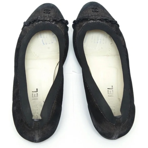 CHANEL Ballet Flats Ruffles Metallic Black Copper CC Logo Stretch Spirit Sz 39.5 - Picture 9 of 10